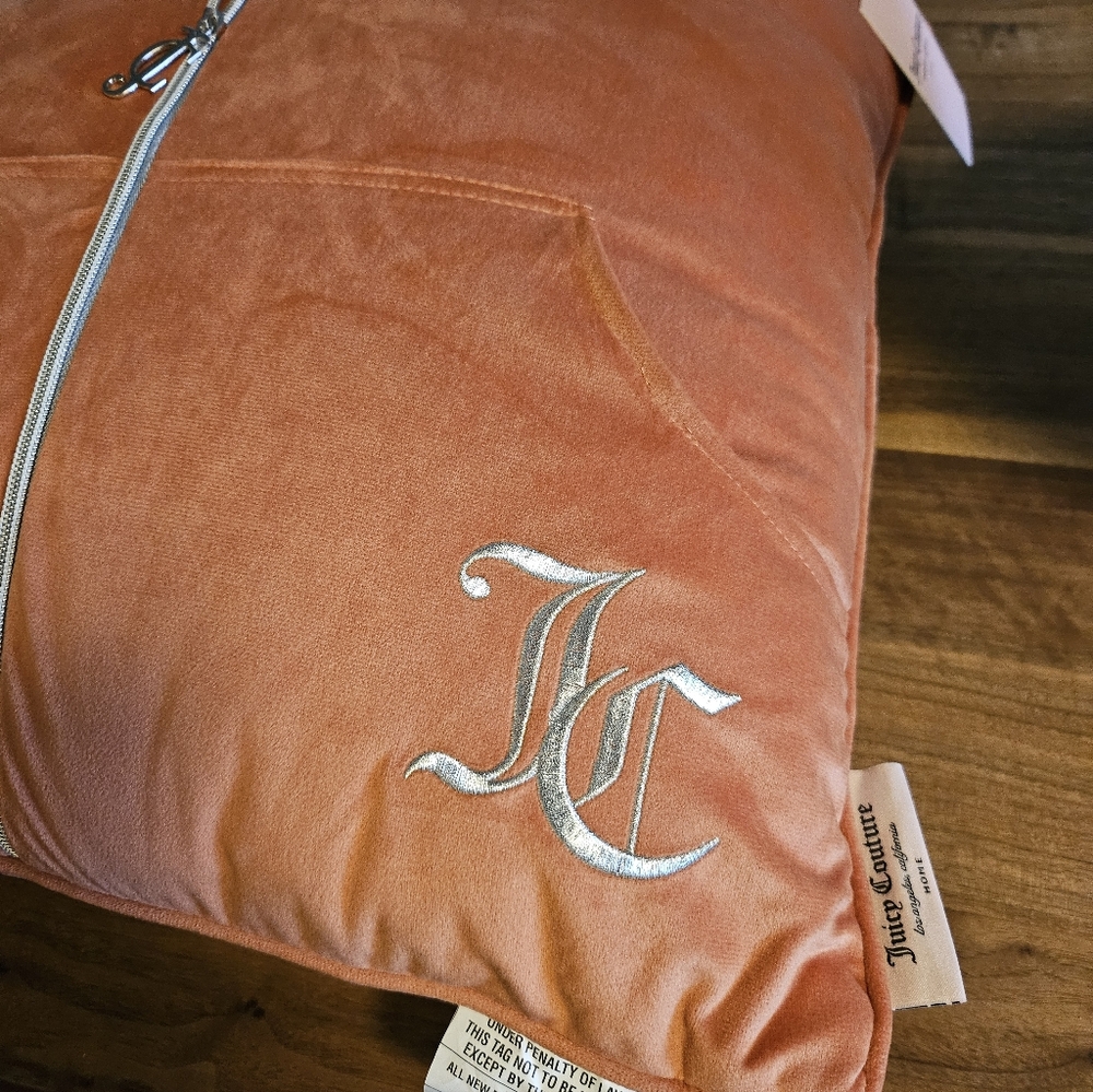 New JUICY COUTURE Velveteen Throw Pillow with Iconic Zip Up Accent,‎ Orange - Picture 2 of 6